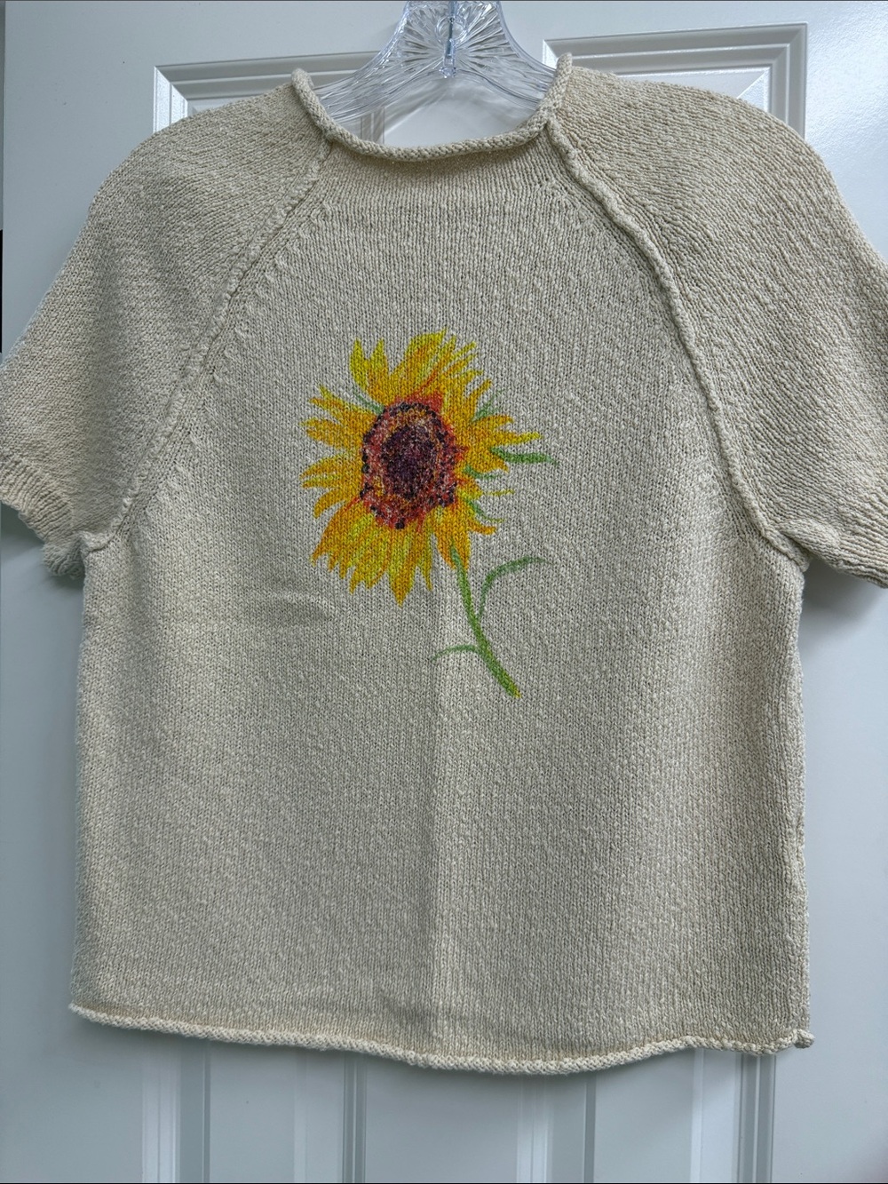 Anthropologie Cream Knit Crewneck Sweater with Sunflower Motif